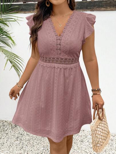 SHEIN Frenchy Vestido de verano para invitada a boda con encaje en contraste, de línea A, de manga corta y silueta vuelo, para mujer talla grande, estilo bohemio