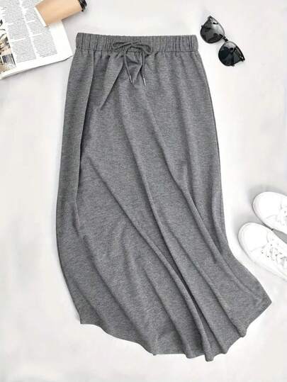 INAWLY Plus Size Solid Color Drawstring Waist Midi Skirt