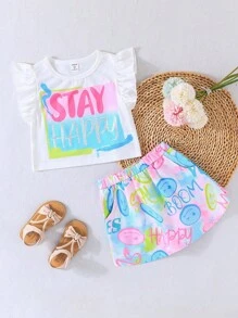 SHEIN Young Girl Cute Ruffle Trim Letter Printed Top And Skirt Set - Multicolor - View 1