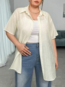 SHEIN Essnce Women's Plus Size Grid Texture Semi-Sheer Casual Fashionable & Vacation Beige Shirt With Open Front - Beige - View 3