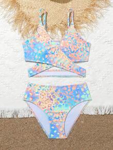 Conjunto de bikini para niña preadolescente, conjunto de bikini con estampado de leopardo colorido con diseño cruzado, playa de primavera y verano - Azul - Ver 4