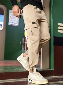 Manfinity Homme Men Drawstring Hem Pocket Side Cargo Trousers - Khaki - View 5