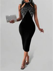 Lyxana Sleeveless Fashionable Rhinestone Decor Bodycon Dress