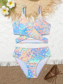 Conjunto de bikini para niña preadolescente, conjunto de bikini con estampado de leopardo colorido con diseño cruzado, playa de primavera y verano - Azul - Ver 1