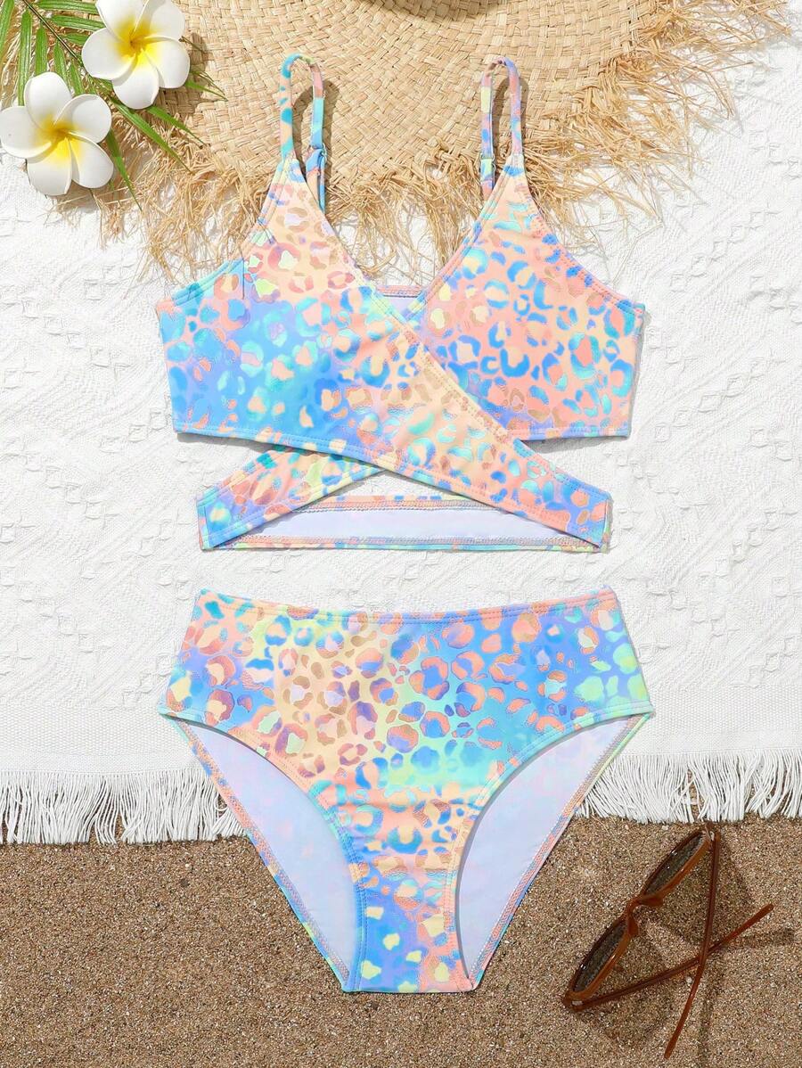Conjunto de bikini para niña preadolescente, conjunto de bikini con estampado de leopardo colorido con diseño cruzado, playa de primavera y verano - Azul - Ver 1