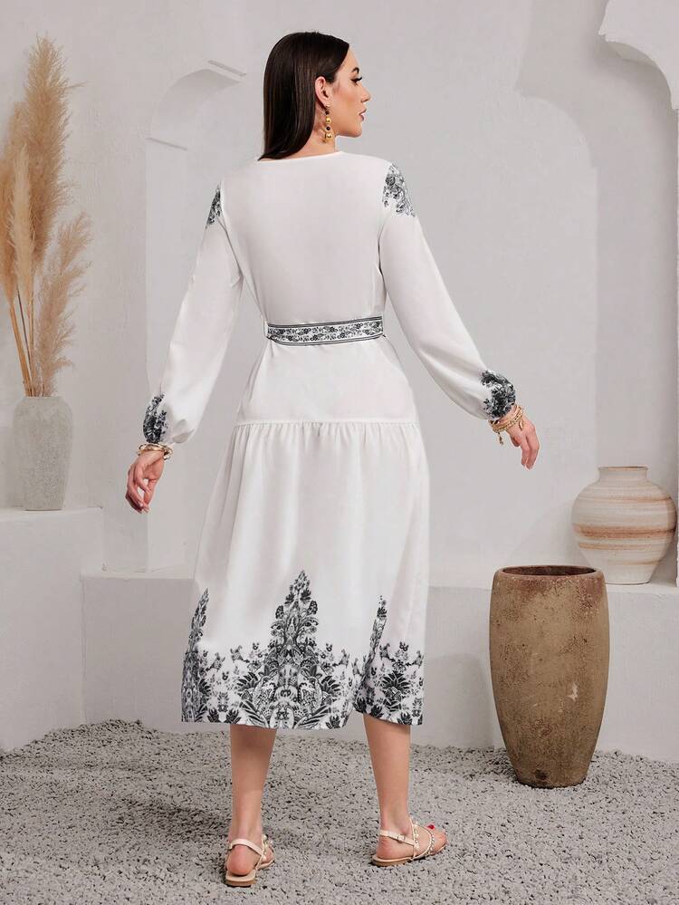 Floral Print V Neck Lantern Sleeve Dress