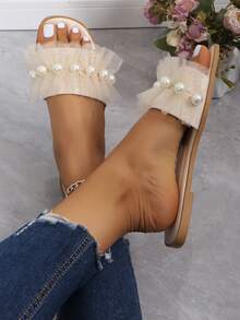 Sandale plate de plajă din plasă cu perle Decor - Bej - Vizualizare 5