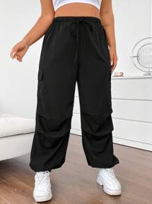 Flirla Kích thước lớn Đơn giản Đen Eo dây rút Làm việc Quần - màu đen - Xem 4