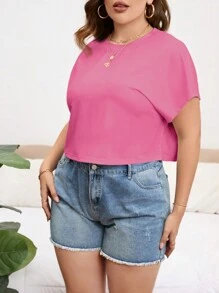 SHEIN Essnce Plus Size Women's Solid Color Casual Comfortable Short T-Shirt - Pink - View 6