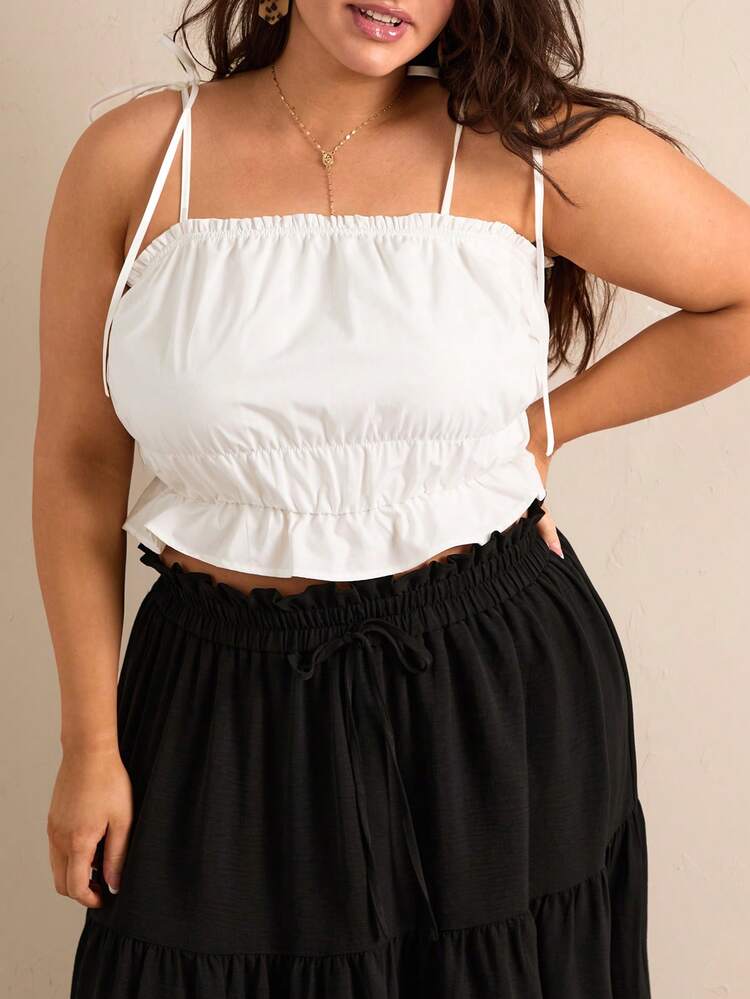 Plus Size Solid Color Ruffle Hem Cropped Cami Top
