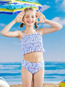 Tween Girl Floral Print Smocked Ruffle Hem Bikini Set Summer Beach - Multicolor - View 8