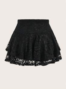 ROMWE PUNK Plus Size Lace Pleated Fashionable Skirt, School Fall - Black - View 2