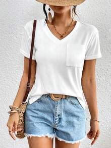 SHEIN Essnce Solid Color Slim Fit V-Neck Short Sleeve T-Shirt With Patch Pocket - White - View 5