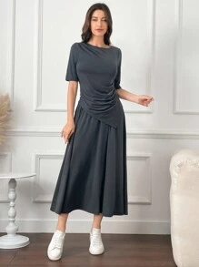 Mulvari Ladies' Plain Asymmetrical Hem Top With Matching Skirt Set - Grey - View 9