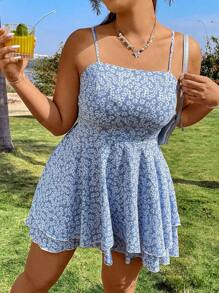 Flirla Bộ đồ liền thân boho in họa tiết hoa cỡ lớn, viền bèo nhún, dành cho mùa hè - Màu xanh lam - Xem 6