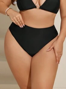 SHEIN Swim Curve 夏季沙滩加大码纯色褶皱泳裤，沙滩度假风 - 黑色 - 查看 5