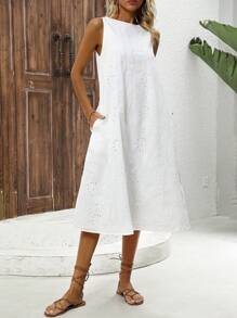 EMERY ROSE Round Neck Hollowed-Out Embroidered Long Dress With Pockets - White - View 3