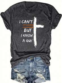 INAWLY Áo thun tay ngắn in chữ và chữ thập TÔI KHÔNG THỂ NHƯNG TÔI BIẾT MỘT CHÀNG TRAI Áo thun họa tiết dành cho nữ - Xám - Xem 1