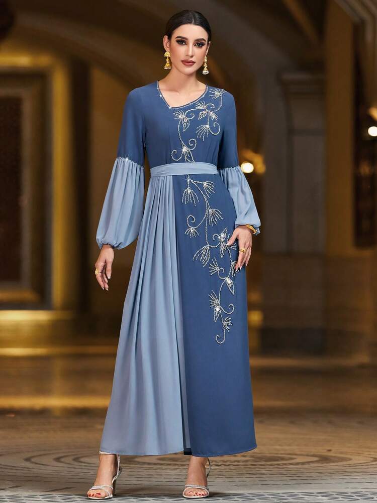 Color Block Heavy Duty Hand-Stitched Rhinestone & Beaded Lantern Sleeve Dress, Modest Full Length Kaftan Dress, Elegant Luxury Evening Party Style