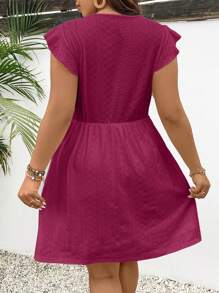 SHEIN Frenchy Váy cưới ren chắp vá cỡ lớn cho nữ mùa hè Váy đỏ cho khách dự tiệc Váy xòe tay lửng chữ A - Màu Đỏ Sâu - Xem 2