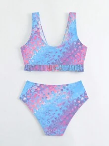 花邊樣式全印花少女比基尼套裝 - 彩色 - 查看 2
