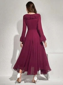 Modelyn 纯色荷叶边装饰腰带连衣裙，优雅晚会礼服，新年服装长款晚礼服 - 紅色 - 查看 2
