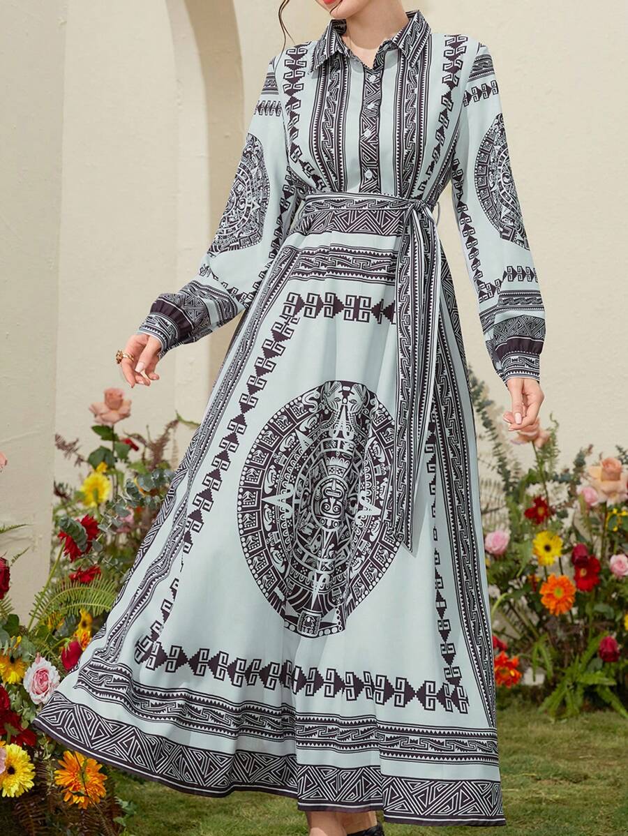 Seusyu Women's Geometric Pattern Long Sleeve Dress Fall Cloth For Women - Multicolor - View 1