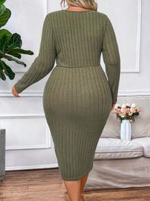 Celure Plus Twist Front Split Thigh Dress - Army Green - View 2