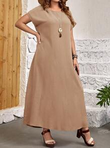 EMERY ROSE Plus Size Solid Color Loose Fit Round Neck Batwing Sleeve Dress - Khaki - View 6