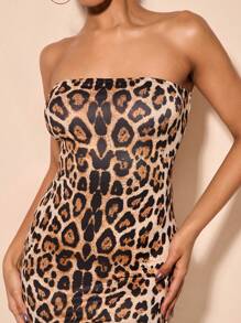 SHEIN BAE Leopard Print Tube Bodycon Midi Dress - Multicolor - View 5