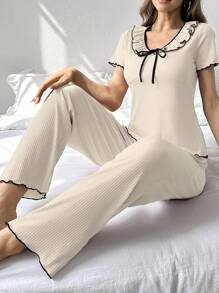 2 cái/bộ Xoay eo Cổ chữ V Ngắn tay Áo Và Quần chân thẳng Nhà  Mặc - Màu be - Xem 1