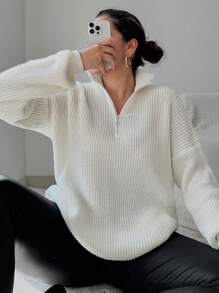 EURMUSE Plus Half Zip Drop Shoulder Sweater - Apricot - View 1