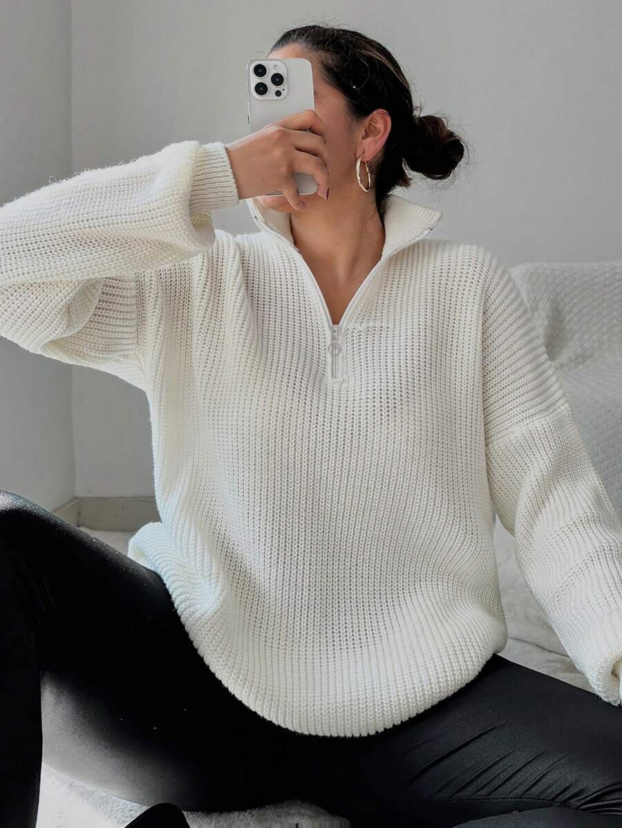 EURMUSE Plus Half Zip Drop Shoulder Sweater - Apricot - View 1