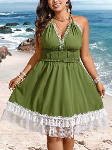 Flirla Vestido De Gran Tamaño Con Diseño De Bloques De Color Y Parche Con Flecos, Cuello Halter Sin Espalda - Verde militar - Ver 4