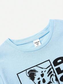 SHEIN 年輕男孩老虎圖案短袖T恤和長褲休閒舒適套裝 - 藍色 - 查看 3