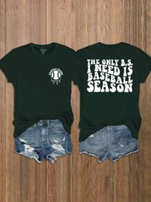 SHEIN Essnce Kích thước lớn Slogan & Bóng chày In Ngắn Áo thun - xanh quân đội - Xem 1