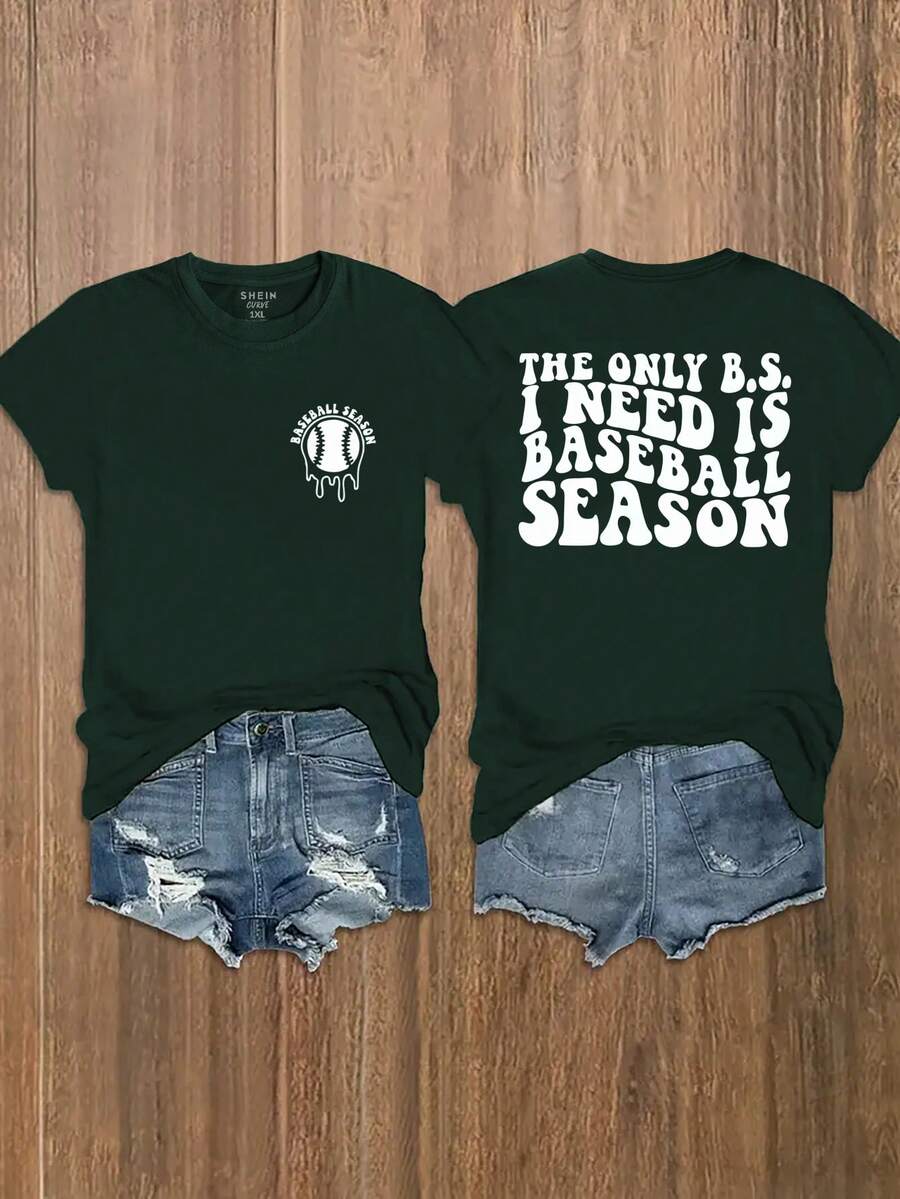 SHEIN Essnce Kích thước lớn Slogan & Bóng chày In Ngắn Áo thun - xanh quân đội - Xem 1