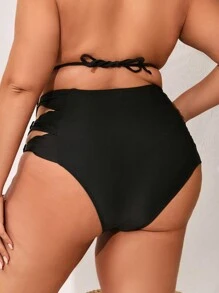 Swim Lushoire 大尺碼夏季海灘單色高腰中空比基尼下褲 - 黑色 - 查看 2