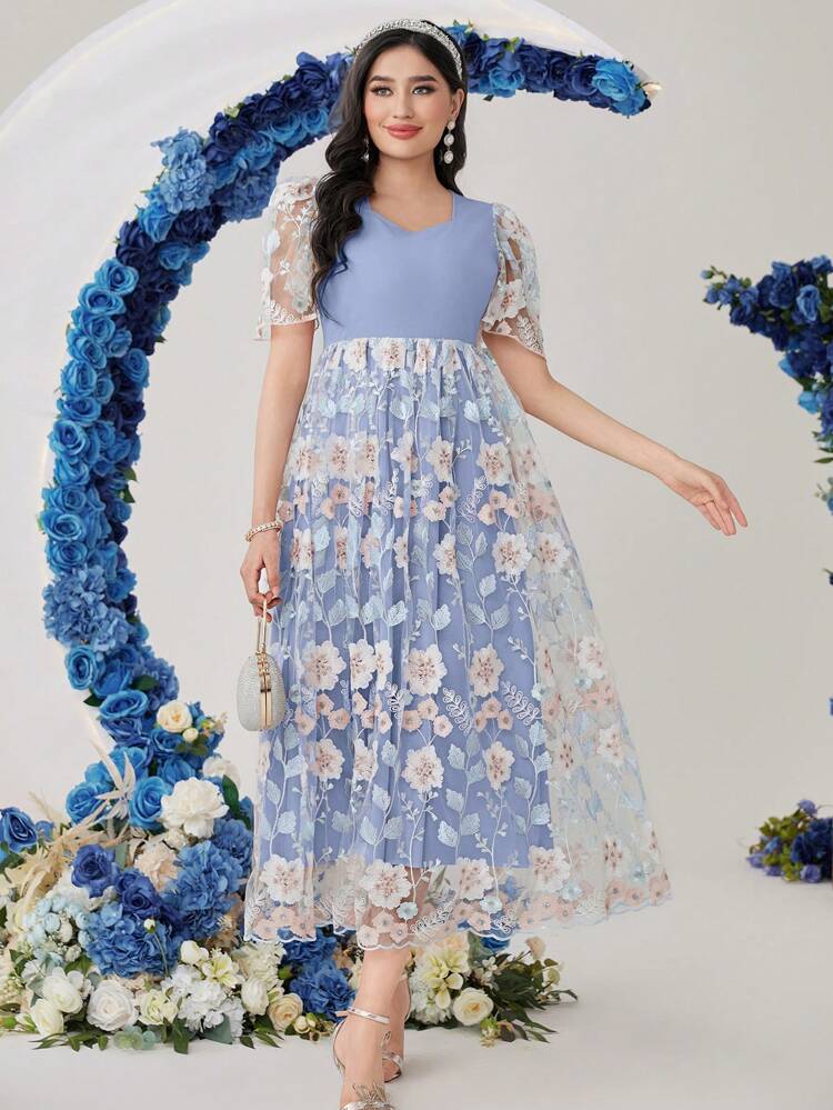 Contrast Mesh Floral Embroidered Pleated Casual Dress