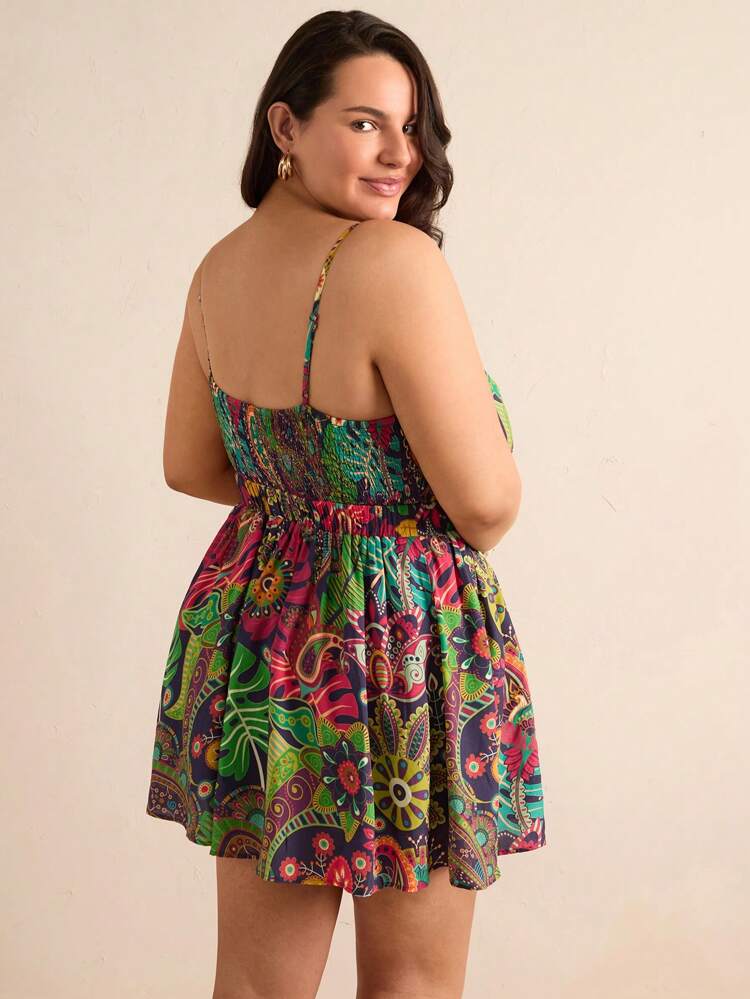 Plus Size Plant Print Gathered Waist Spaghetti Strap Dress