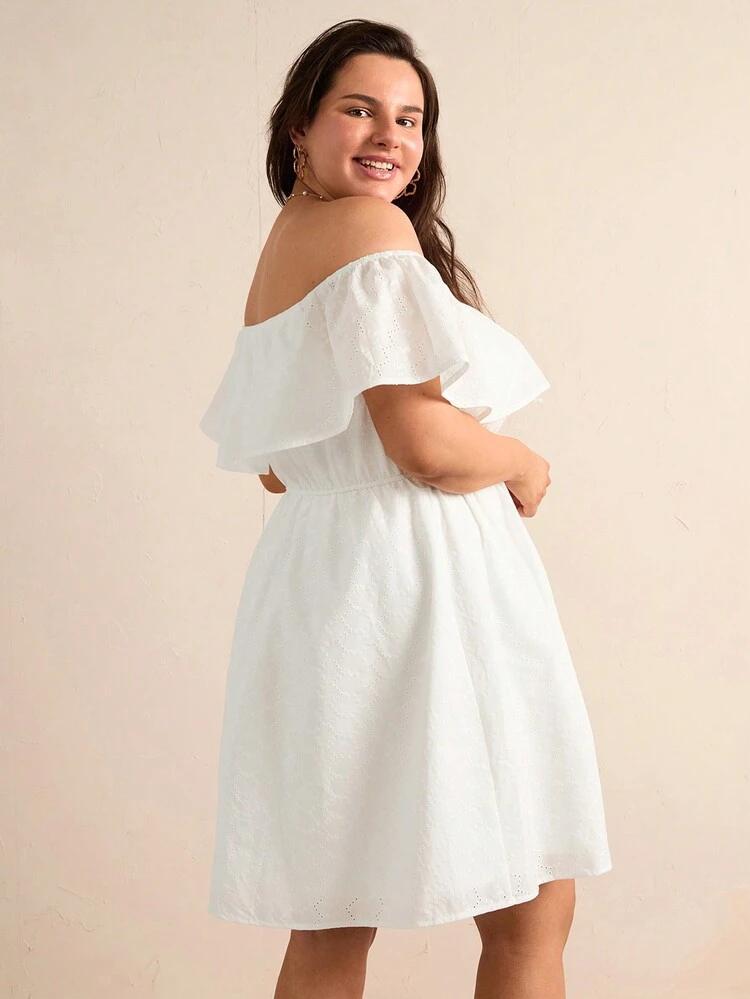 Plus Size Solid Color Off Shoulder Ruffle Detail Waist Belted Dress