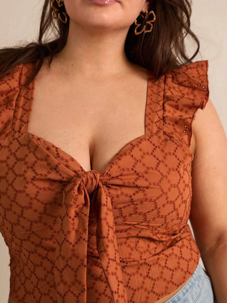 Plus Size Heart Neckline Bow Tie Front Hem Ruffle Trim Decoration Blouse