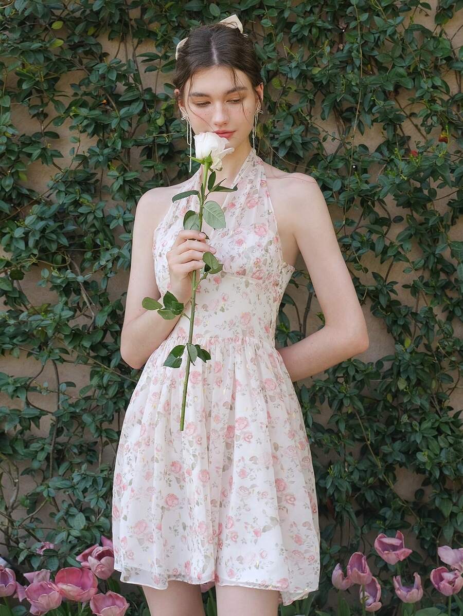 Vestido Casual Com Estampa Floral E Decote Halter Com Cintura Apertada - Multicolorido - Ver 1