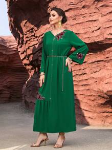 Al Najma Purple Velvet Handmade Flower Green Robe - Green - View 3