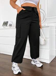 Flirla Pantalones De Carga Para Mujer De Tallas Grandes unicolor Con Cintura Plegable - Negro - Ver 5