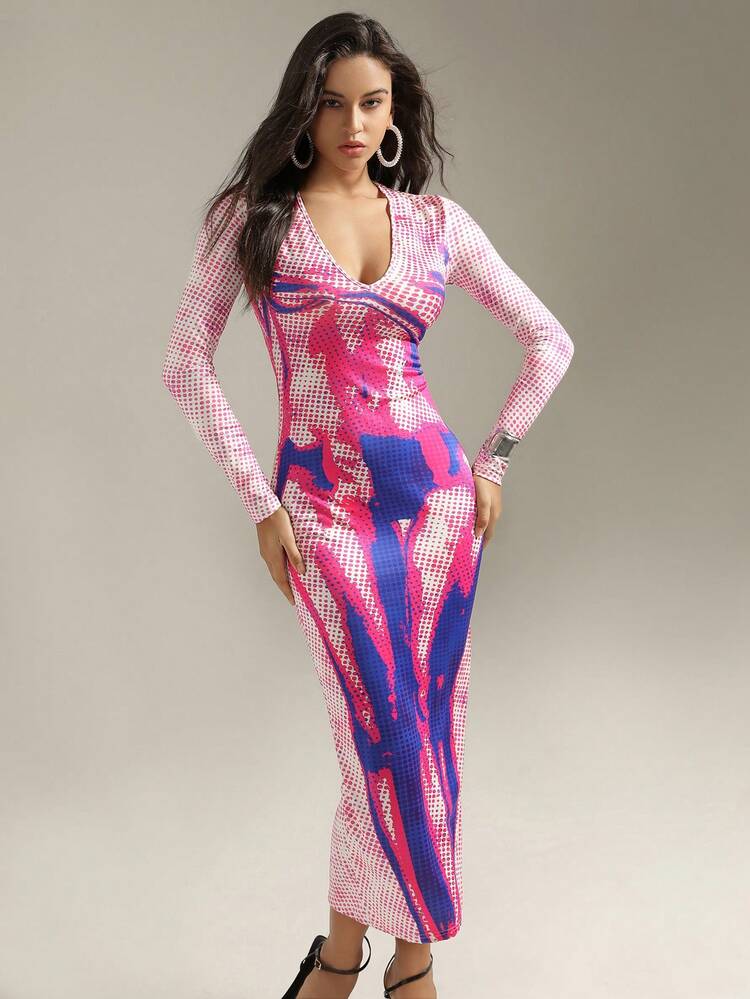 Women's Body Print V-Neck Long Sleeve Dress