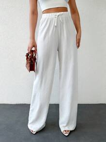 SHEIN Petite Cottonline Drawstring Detailed Solid Color Casual Women's Pants - White - View 5