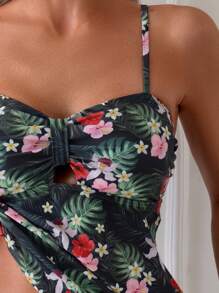 SHEIN Swim Summer Tropical Print Cami Plain Triangle Briefs Tankini Set - Multicolor - View 6