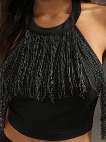SHEIN Unity قمة مزينة بالخرز والخيوط الضيقة المستخدمة في الخياطة مع حمالة الرقبة - الأسود - مشاهدة 5