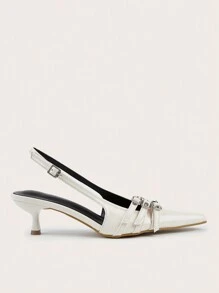 White Patent Leather High Heels With Metal Detail And Pointed Toe, Suitable For Wedding And Parties - White - View 2